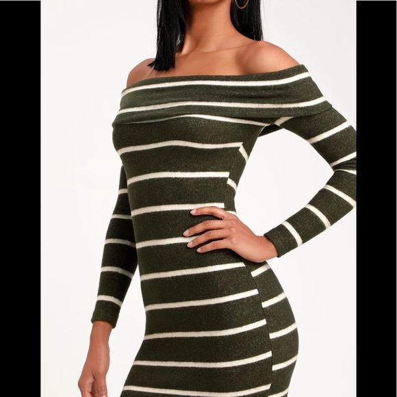 Lulus Dresses & Skirts - Nella Olive Green Striped Off-the-Shoulder Sweater Dress
